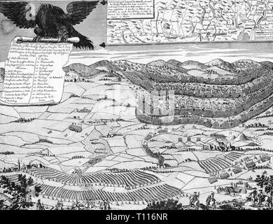 Im österreichischen Erbfolgekrieg 1740 - 1748, Zweiten Schlesischen Krieg, Schlacht von Hohenfriedberg, 4.6.1745, Plan der Schlacht, nach zeitgenössischen Kupferstich, Preußen, Preussen, Dobromierz, Schlesien, Krieg, Kriege, Deutschland, 18. Jahrhundert, Holy Roman Empire, HRE, Kaiserliche Armee, Österreichische, Österreich, Landschaft, landschaften, eagle, Adler, Erbfolgekrieg, erbfolgekriegen., 2., 2., Plan, Pläne, Schlacht, Schlachten, historischen, geschichtlichen, Additional-Rights - Clearance-Info - Not-Available Stockfoto