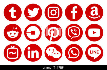 Kiew, Ukraine - Dezember 11, 2018: Die beliebten Circle red social media Icons auf weißem Papier gedruckt: Facebook, Twitter, Instagram, Pöcking, LinkedIn Stockfoto