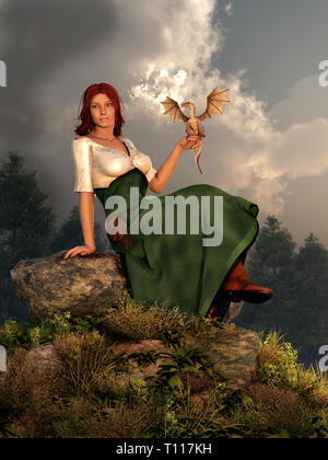 Eine rothaarige Frau in einem grünen Kleid mit einem weissen Bluse sitzt auf einem Felsen mit einer kleinen pet Gold Drache, der in dieser mittelalterlichen fantasy Szene. 3D-Rendering Stockfoto