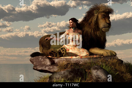 Ein riesiger Löwe und eine hübsche Frau sitzen zusammen auf einem Felsen mit Blick auf das Meer. Die Frau, eine dünne Brünette, trägt ein gelbes Kleid mit Blumenmuster. Stockfoto