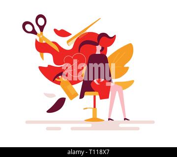 Friseursalon - bunte flache Design Stil Abbildung auf weißen Hintergrund. Hohe Qualität außergewöhnliche Komposition mit einer schönen Frau auf Friseur, Havi Stock Vektor