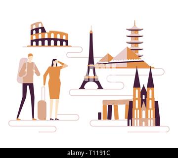 Reisen rund um die Welt - bunte flache Design Stil Abbildung. Eine Komposition mit Touristen, Paar mit Gepäck, Wahrzeichen, dem Eiffelturm, Colosseu Stock Vektor