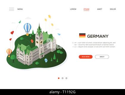 Besuchen Sie Deutschland - Moderne bunte isometrische Web Banner mit Kopie Platz für Text. Website Header mit berühmten Wahrzeichen, Luftballons, Herzen, Sterne, Kartenpunkt Stock Vektor