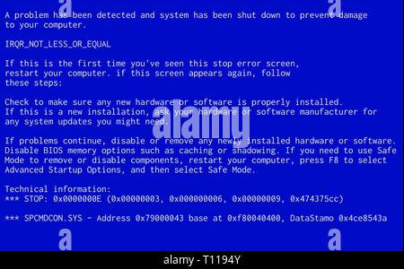 Blauer Bildschirm des Todes. Absturz des Betriebssystems Fehlermeldung. BSOD Störungsmeldung Stock Vektor