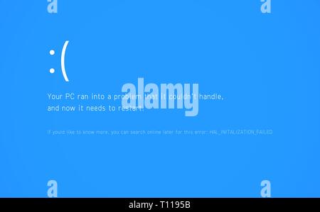 Blauer Bildschirm des Todes Hintergrund. BSOD Fehlermeldung des Systems Stock Vektor