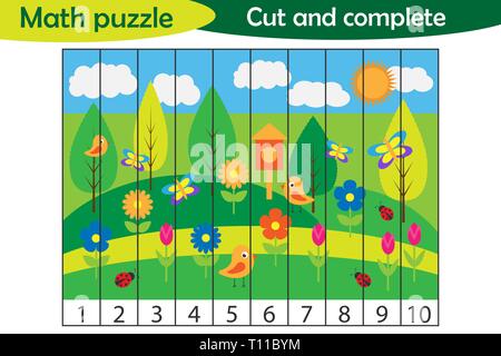 Mathematische Rätsel, Feder Bild im Comic-stil, Bildung Spiel für die Entwicklung der Kinder im Vorschulalter, verwenden Sie eine Schere, schneiden Teile des Bildes und komplette Stock Vektor