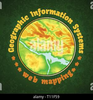 Geographic Information System Banner mit topographischen Hintergrund runde Konzept Stock Vektor