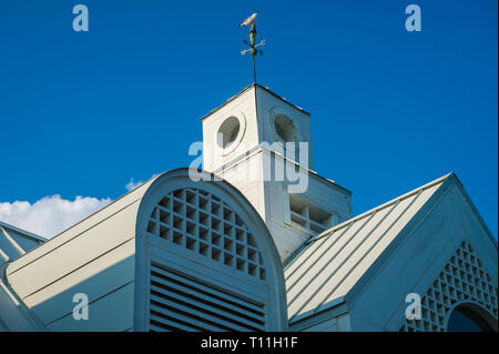 Malerische Nahaufnahme der traditionellen Bäderarchitektur mit einer Möwe auf einer Wetterfahne auf dem Dach in der Alten Stadt, Key West, Florida sitzen Stockfoto