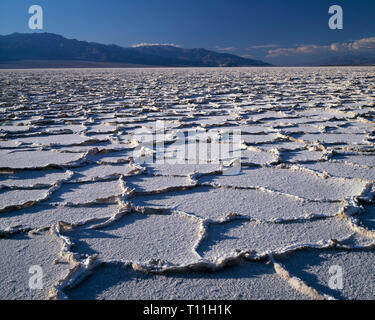 USA, Kalifornien, Death Valley National Park, polygonalen Muster in den Salzsee auf dem Boden des Death Valley und die fernen Panamint Mountains. Stockfoto