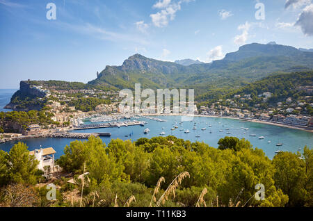 Panoramablick von Port de Soller, Mallorca. Stockfoto