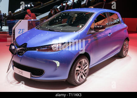 Genf, Schweiz - 5. MÄRZ 2019: Renault Zoe elektrische Auto auf dem 89. Internationalen Automobilsalon in Genf präsentiert. Stockfoto