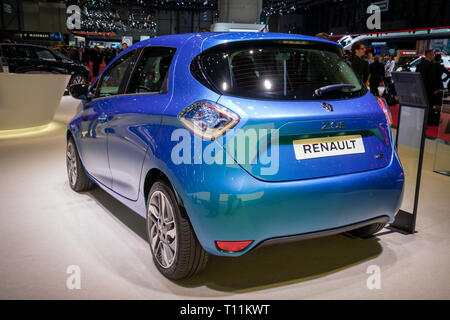 Genf, Schweiz - 5. MÄRZ 2019: Renault Zoe elektrische Auto auf dem 89. Internationalen Automobilsalon in Genf präsentiert. Stockfoto