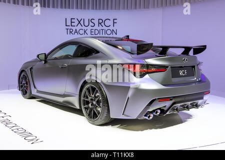 Genf, Schweiz - 5. MÄRZ 2019: Lexus RC F Track Edition Auto auf dem 89. Internationalen Automobilsalon in Genf enthüllt. Stockfoto