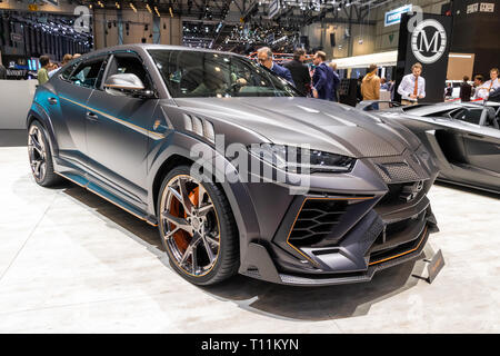 Genf, Schweiz - 5. MÄRZ 2019: mansory Lamborghini Urus maßgeschneiderte Auto auf dem 89. Internationalen Automobilsalon in Genf präsentiert. Stockfoto