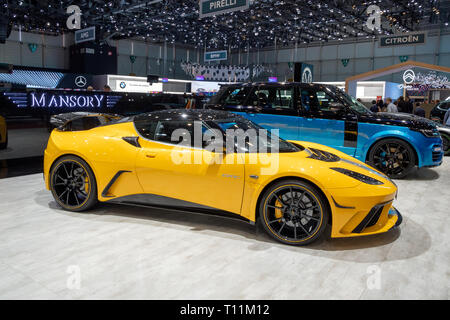 Genf, Schweiz - 5. MÄRZ 2019: Großraumflugzeuge Mansory Lotus Evora GTE Final Edition Sport Auto auf dem 89. Internationalen Automobilsalon in Genf präsentiert. Stockfoto