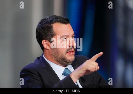 Italien, Rom, 20. März 2019: Matteo Salvini, stellvertretender Ministerpräsident von Italien und Minister des Innern, während der Talkshow Tv "Porta a Porta" Stockfoto