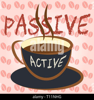 Aktiv vs. Passiv Kaffee zeigt positive Energie Haltung oder Negative Faulheit 3D-Darstellung Stockfoto