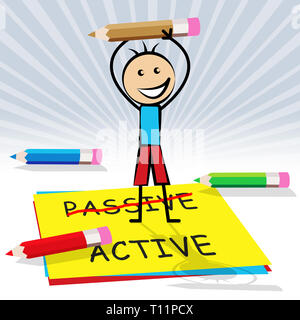 Aktiv vs. Passiv Kid zeigt positive Energie Haltung oder Negative Faulheit 3D-Darstellung Stockfoto