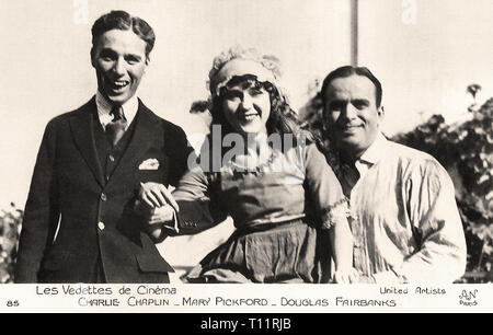 Werbemittel Fotografie von Charlie Chaplin, Mary Pickford und Douglas Fairbanks - Stummfilmzeit Stockfoto