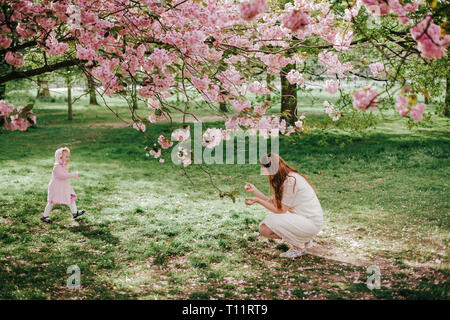 Schöne Frau mit Tochter zu ihr im Park im Freien. Cherry Blossom Pink Baum. Familie auf die Natur im Greenwich Park, Großbritannien Stockfoto