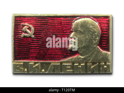 Russland - 1980 s: Lenin Portrait auf UDSSR metallische Abzeichen Stockfoto