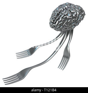 Gabeln metall Gehirn, 3D-Darstellung, horizontal, isoliert, über Weiß Stockfoto