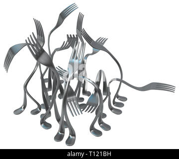 Gabel Metall mit Beinen, 3D-Darstellung, horizontal, isoliert, über Weiß Stockfoto