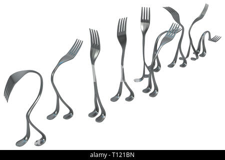 Gabel Metall mit Beinen, 3D-Darstellung, horizontal, isoliert, über Weiß Stockfoto