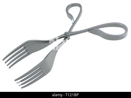 Gabel Metall, 3D-Darstellung, horizontal, isoliert, über Weiß Stockfoto