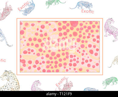 Aquarell Leopard und Blumen. Tropacal Blätter und Pflanzen, Korallen leben Rahmen mit roten Punkten horizontalen rechteckigen Rahmen. Greetting, Feier, Hochzeit, Stockfoto