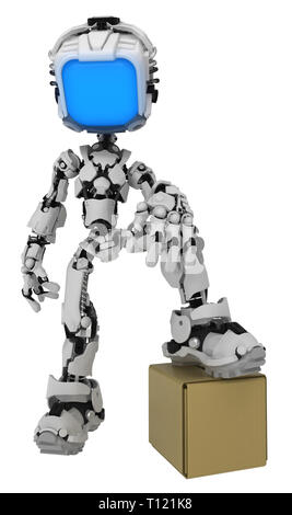 Bildschirm Roboter Abbildung Charakter darstellen mit Karton Lieferung Box, 3 Abbildung d, Vertikal, isoliert Stockfoto