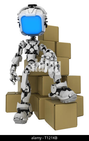 Bildschirm Roboter Abbildung Charakter darstellen mit Karton Lieferung Boxen, 3 Abbildung d, Vertikal, isoliert Stockfoto
