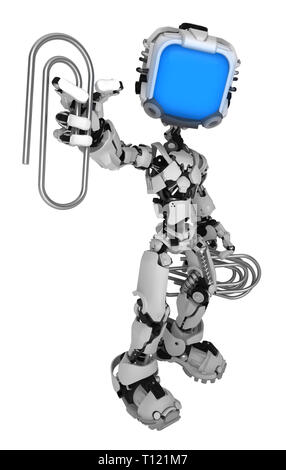 Bildschirm Roboter Abbildung Figur pose mit Büroklammern, 3 Abbildung d, Vertikal, isoliert Stockfoto