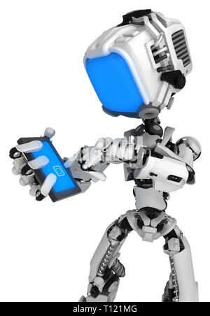 Bildschirm Roboter Abbildung Figur pose Tel. Drücken der Taste, 3D-Illustration, Vertikal, isoliert Stockfoto
