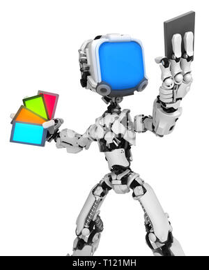 Bildschirm Roboter Abbildung Figur pose mit Telefonkarten, 3D-Illustration, Vertikal, isoliert Stockfoto