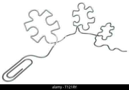 Metall Büroklammer puzzle Stücke Form Bürobedarf isoliert, 3D-Darstellung, horizontal, über Weiß Stockfoto