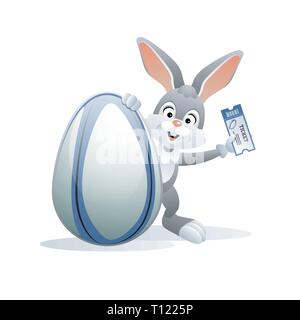 Ostern sport Grußkarte. Niedliche Kaninchen mit Rugby Ei und Ticket. Vector Illustration. Stock Vektor