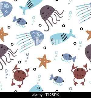 Nahtlose Muster mit Meer Tiere im skandinavischen Stil. Vector Illustration. Stock Vektor