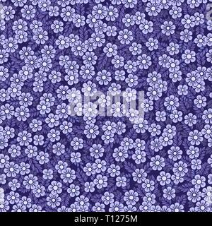 Blumenmuster. Kleine blaue Blüten und Blätter. Verwenden Sie auf Tapeten, Stoffen und Texturen Stock Vektor
