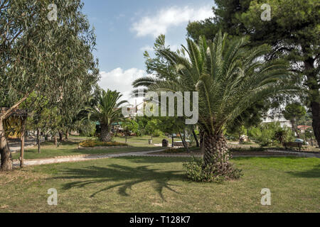 Park an der Metamorfosi Strand an der Halbinsel Sithonia, Chalkidiki, Zentralmakedonien, Griechenland Stockfoto