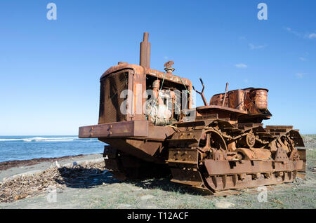 Bulldozer am Strand, Tora, Wairarapa, Ostküste, North Island, Neuseeland Stockfoto