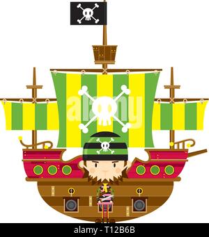 Cute Cartoon Pirate Charakter mit Schiff Stock Vektor