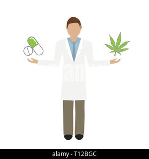 Arzt hält Tabletten in einem und Cannabis Blatt in der anderen Hand Vektor-illustration EPS 10. Stock Vektor