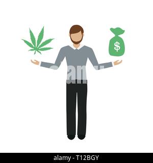 Mann verdient Geld mit Cannabis Zeichen auf weißem Hintergrund Vektor-illustration EPS 10 isoliert Stock Vektor