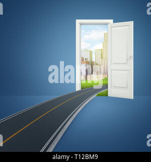 3D-Rendering für eine Türe, die sich auf eine wunderschöne, moderne Stadt mit einer asphaltierten Straße, die von der Stadt im Raum öffnet. Stockfoto