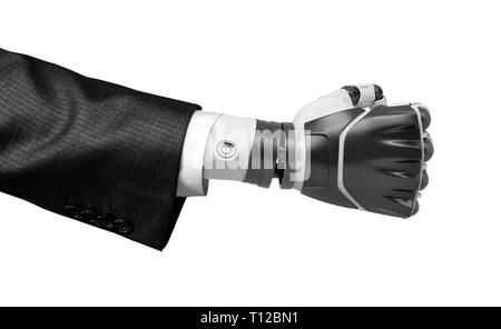3D-Rendering der geballten Faust des schwarzen und weißen Roboter, trägt Anzug auf weißem Hintergrund. Stockfoto