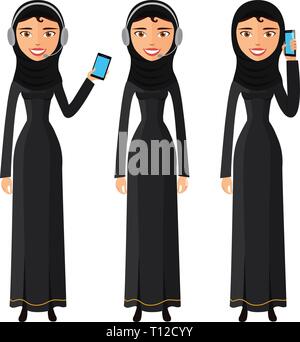 Arabische Frau im Gespräch auf dem Mobiltelefon Vektor flach auf weißem EPS 10 isoliert Stock Vektor