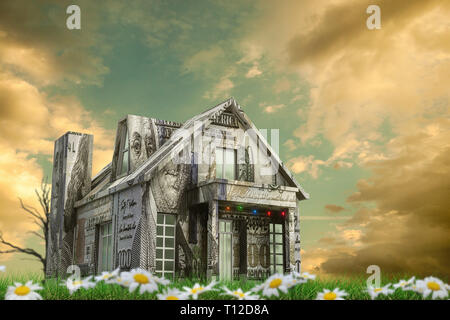 Dollar Haus auf ein grünes Feld 3D-Darstellung Stockfoto