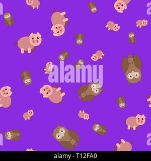 Nahtlose Muster aus Eulen und Schweine. Vector Illustration im Cartoon Stil auf einem farbigen Hintergrund. Stock Vektor