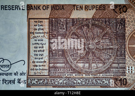 21-03-2019 - die Rückseite des 10 Rupee Bank Note, in Indien verwendet, anzeigen Erbe Sonnentempel Konark in Orissa in Indien Stockfoto